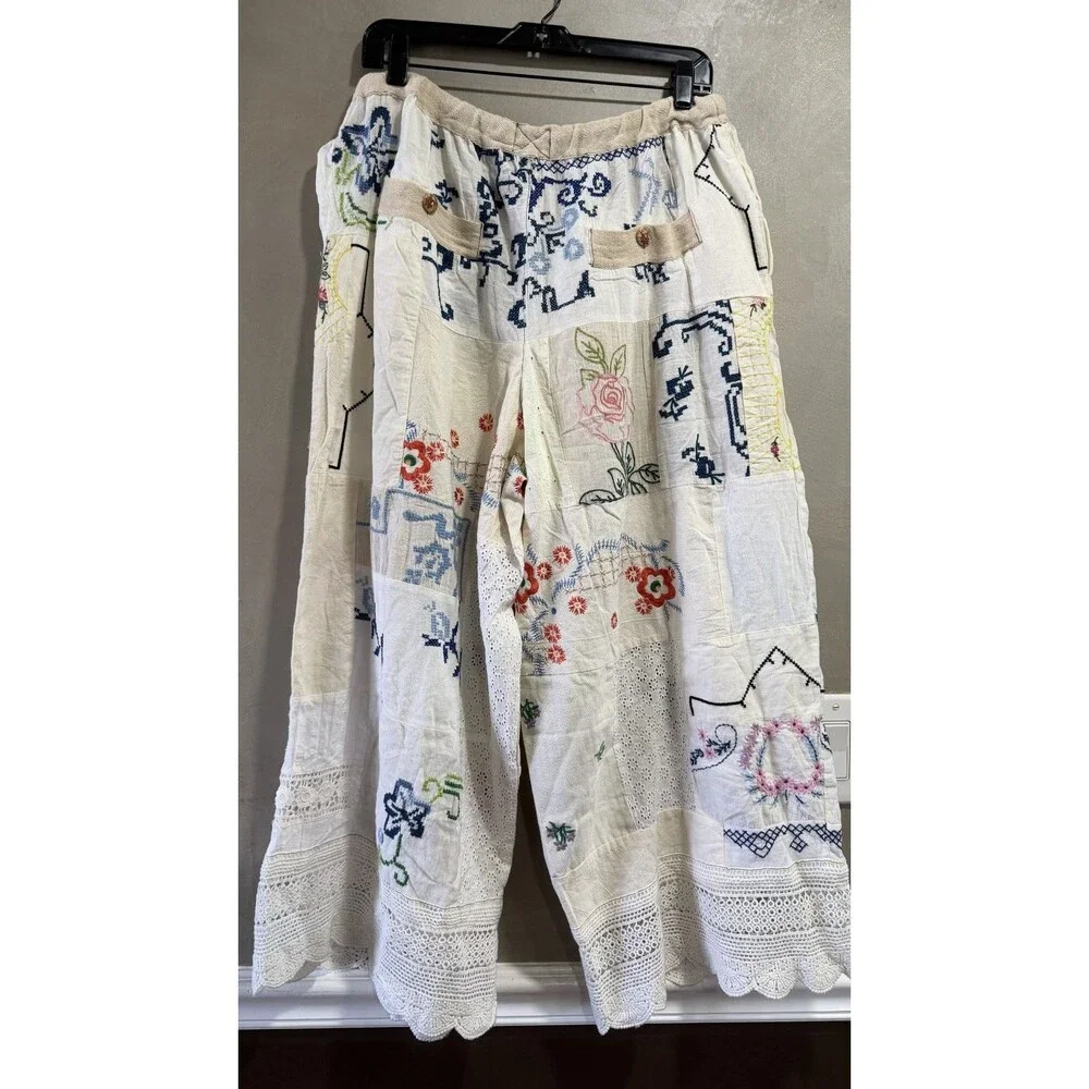 Free People Wallflower Pull-On Pants Embroidered Patchwork  M Imperfect